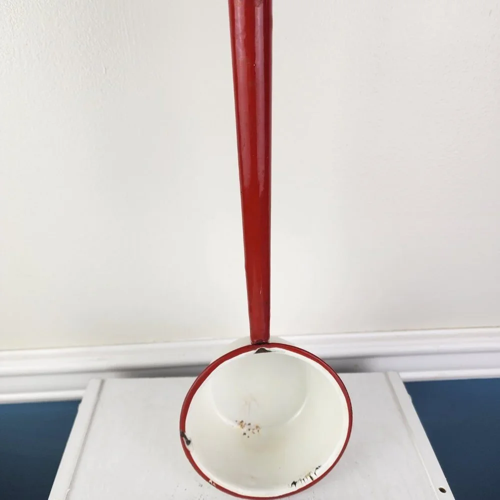 Vintage Red Long Handled Scoop Enamelware Farmhouse